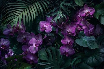 Elegant orchids in hues of purple and pink, their intricate blooms nestled amidst lush green foliage in a tropical garden.