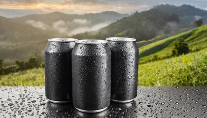 3 black aluminum can with condensation drops on clear white sand at beach. Beer or soda drink...