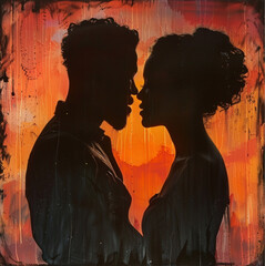 sunset silouette of an african man and woman kissing, black silouette