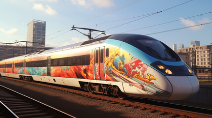 High Speed Train With Graffiti Art On the Railway In Motion