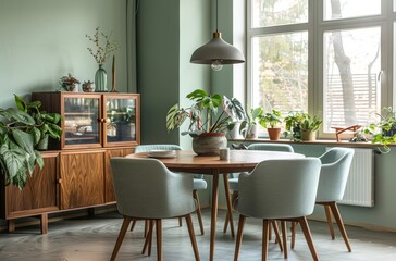 Design an interior with light green walls, large windows, Scandinavian furniture and lighting in the style of walnut wood