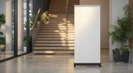 White roll-up banner template standing in lobby next to stairs. Blank advertisement mockup in business space. Commercial pull-up display