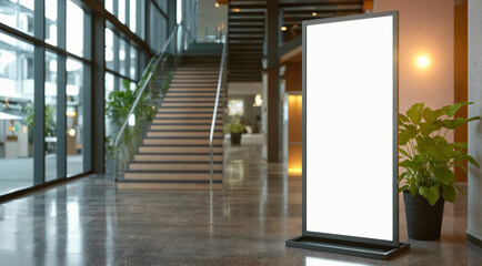 White roll-up banner template standing in lobby next to stairs. Blank advertisement mockup in business space. Commercial pull-up display