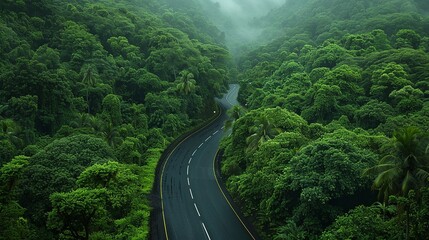 A captivating HD shot capturing the mesmerizing curves of a road amidst a dense green forest, creating a stunning visual composition in the rain season.