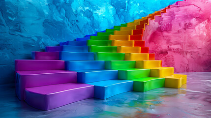 Colorful staircase rising in vibrant hues against a blue and pink textured background with a glossy...