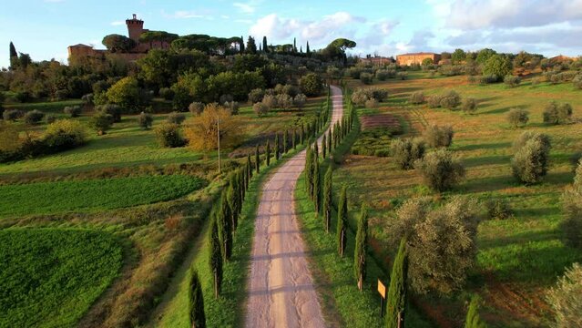 Italy, romantic Tuscany scenery with typical cypresses road .famous region Val d'Orcia. aerial drone video over sunset 