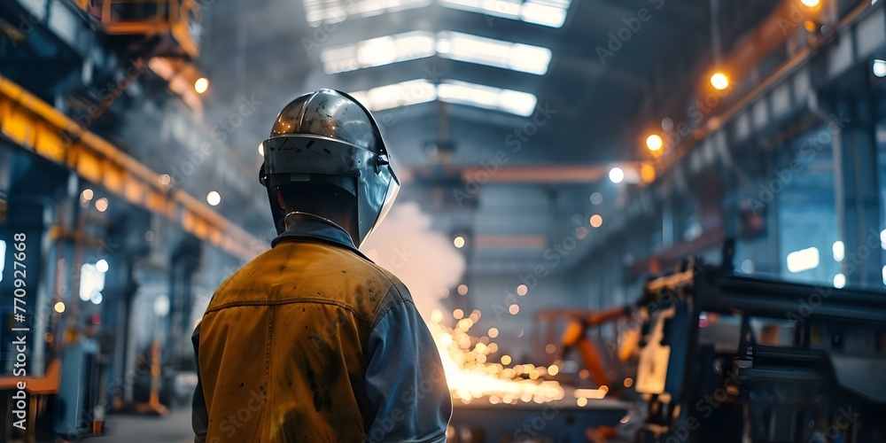 Poster supervising robotic welding in a smart factory. concept robot welding, factory automation, quality c