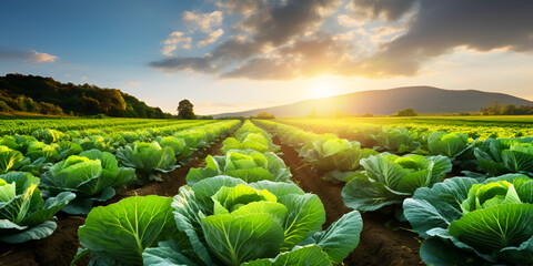 Cabbage thrives on the organic farm, growing lush and healthy in the open field