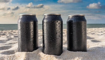 3 black aluminum can with condensation drops on clear white sand at beach. Refreshing beverage. Sea...