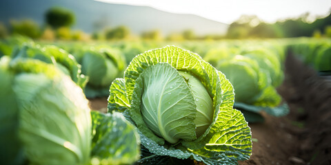 Harvest of organic farm cabbage in the field - obrazy, fototapety, plakaty