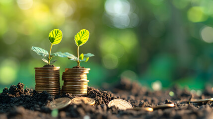 Young seedlings sprout from a stack of coins, a backdrop of green nature, growth and prosperity - obrazy, fototapety, plakaty