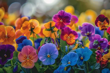 Keuken spatwand met foto Vibrant pansies in a riot of colors, their cheerful faces turned towards the sun in a display of radiant beauty. © umair