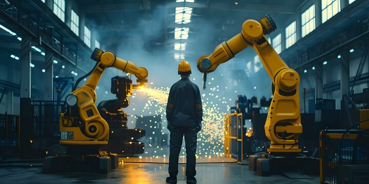 Engineer overseeing robotic welding in smart factory. Concept Robotics, Smart Factory, Industrial Automation, Engineering, Welding