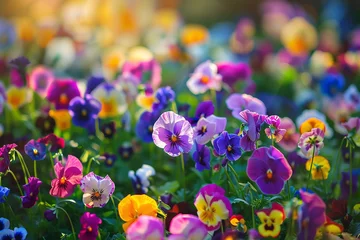  Vibrant pansies in a riot of colors, their cheerful faces turned towards the sun in a display of radiant beauty. © umair