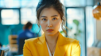 A focused Asian businesswoman, dressed in a striking yellow suit, commanding attention with her presence in her office environment.