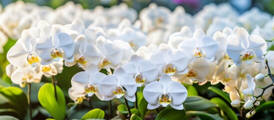 A cluster of white orchids thrives in the garden, adding a touch of elegance to the natural...