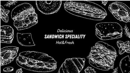Naklejka premium Sandwich speciality frame. Menu design template. Sandwich sketches. Unique recipe. Hand drawn vector illustration.