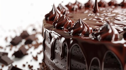 A mesmerizing display of chocolate drizzle gently descending from the top of a cake, set against a...
