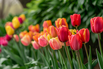 Vibrant tulips in a riot of colors, standing tall in neatly arranged rows against a backdrop of emerald foliage.