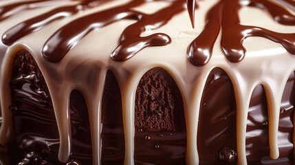 A mesmerizing scene of chocolate streams pouring down from a cake's top, isolated on a transparent...