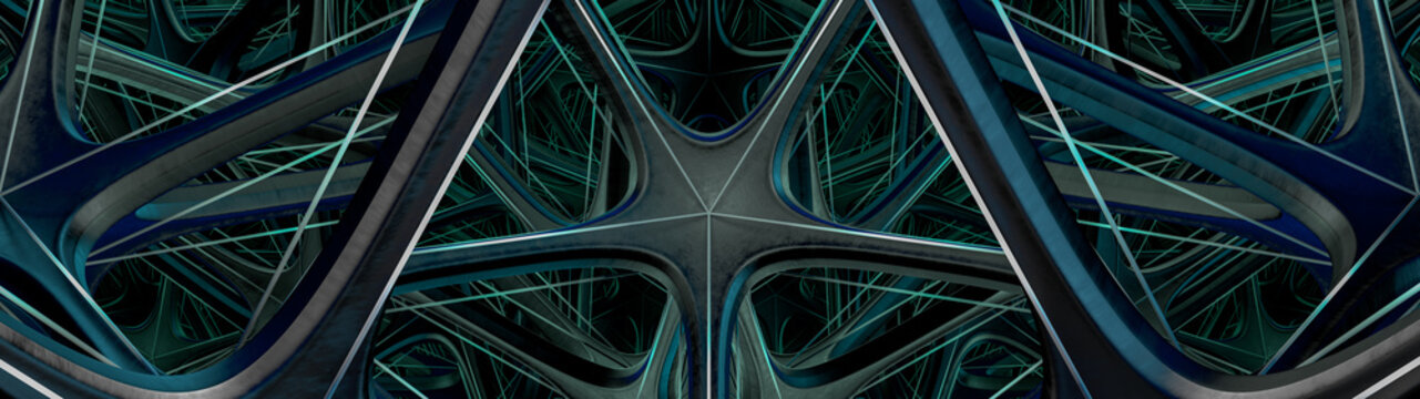 Dark color geometric triangle fractal. Wide format.