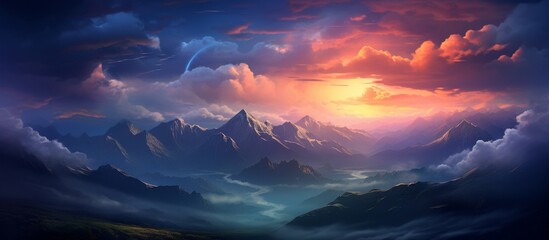 The sun is shining through the clouds, creating a stunning natural landscape over the mountains as dusk settles in the horizon - obrazy, fototapety, plakaty