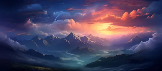 Foto op Canvas The sun is shining through the clouds, creating a stunning natural landscape over the mountains as dusk settles in the horizon © AkuAku
