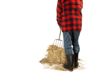 an unidentified farm worker in a red plaid shirt ready to throw a pitch fork stuck of straw...
