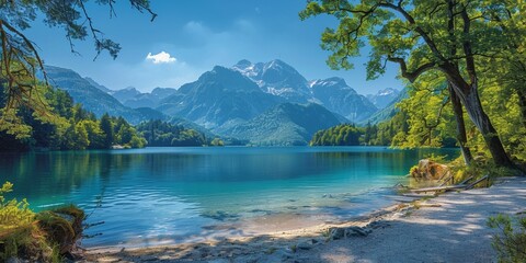 Experience the breathtaking beauty with serene lakes, lush forests, and towering mountains against a backdrop of clear blue skies. - Powered by Adobe