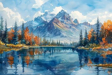 Watercolor illustration of stunning landscape with majestic mountains, serene lakes, and vibrant autumn colors - obrazy, fototapety, plakaty
