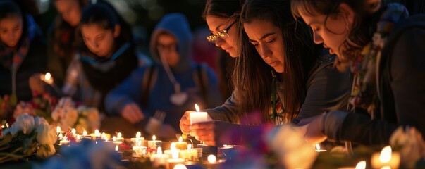 A heartwarming image of community members lighting candles for peace in a vigil at twilight - obrazy, fototapety, plakaty