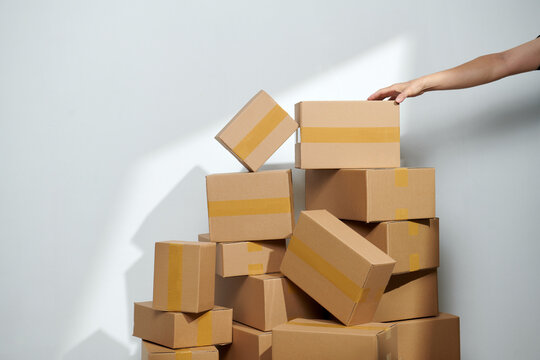 businessman service delivery goods express, many paper boxes