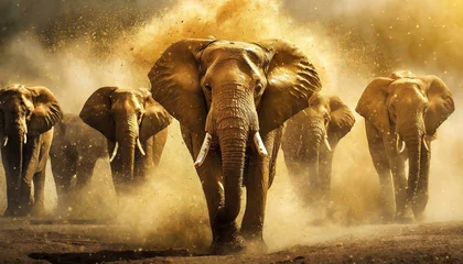 Foto op Aluminium Elephants in the wild, dust at golden hour. © jozsitoeroe
