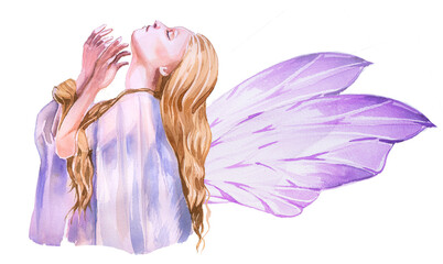 Fairy illustration isolated on white. Watercolor fairytale fairy painting.