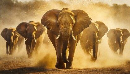 Elephants in the wild, dust at golden hour. - obrazy, fototapety, plakaty
