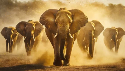 Foto op Canvas Elephants in the wild, dust at golden hour. © jozsitoeroe