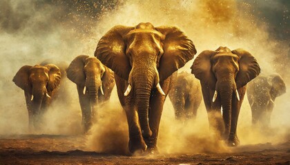 Herd of elephants in the wild golden hour, flying swirls of dust.