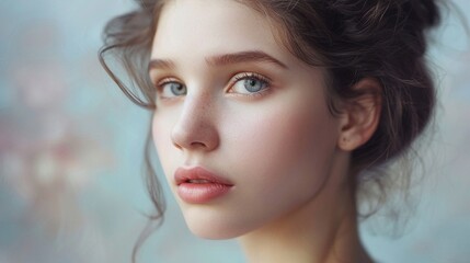 A portrait capturing the delicate features and velvety-smooth complexion of a young woman, epitomizing the ideals of natural beauty and cosmetology. - obrazy, fototapety, plakaty