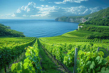 A panoramic view of the lush green vineyards along Lauter Bachelor Island, with the deep blue sea in the background and cliffs on one side. Created with Ai - obrazy, fototapety, plakaty