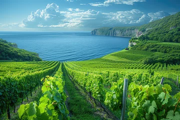 Foto op Canvas A panoramic view of the lush green vineyards along Lauter Bachelor Island, with the deep blue sea in the background and cliffs on one side. Created with Ai © Digital Canvas
