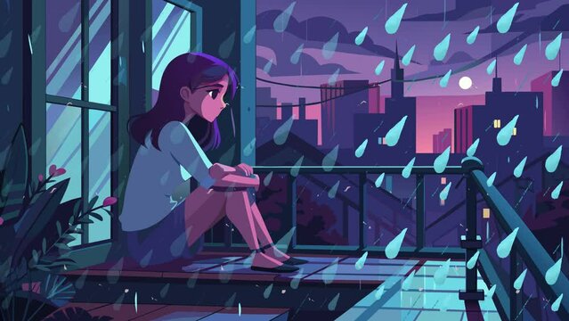Lo-fi girl alone on her balcony at night looking at the storm and the rain outside. Video for lofi hip hop music. Atmospheric chill illustration and relaxed. Perfectly looped video. Sad rainy night