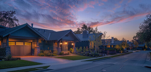 Dawn breaking over a muted indigo Craftsman style house, suburban streets bathed in the early light, quiet and peaceful, a serene start to the day - obrazy, fototapety, plakaty