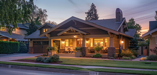 Early evening's last light painting a warm mocha Craftsman style house, the suburban street quiet as families gather inside, warm and comforting - obrazy, fototapety, plakaty