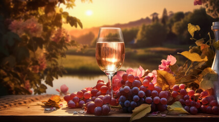 Obraz premium Glass of ros? wine with clusters of red and purple grapes on a wooden table, backlit by a warm sunset in a picturesque countryside setting