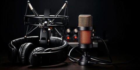 Professional Studio Microphone and Headphones on Dark Background - 770931049