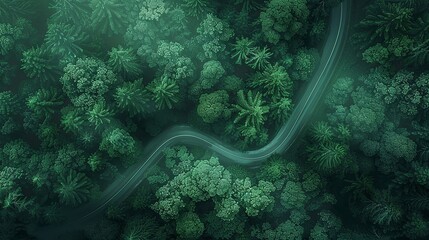 A remarkable top-down image showcasing the meandering path of a rain-kissed road as it winds through a dense, emerald-colored forest.