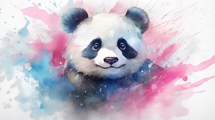 Artistic watercolor rendition of a giant panda, splashed with vibrant hues on white backdrop, Wildlife and conservation.