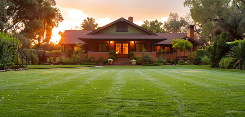 The new day's light gently warming a terracotta Craftsman style house, suburban peace with dew glistening on lawns, a quiet and gentle awakening - obrazy, fototapety, plakaty