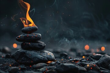 pile of stones on fire on a dark background - obrazy, fototapety, plakaty