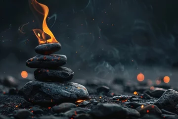 Foto op Plexiglas pile of stones on fire on a dark background © Anna